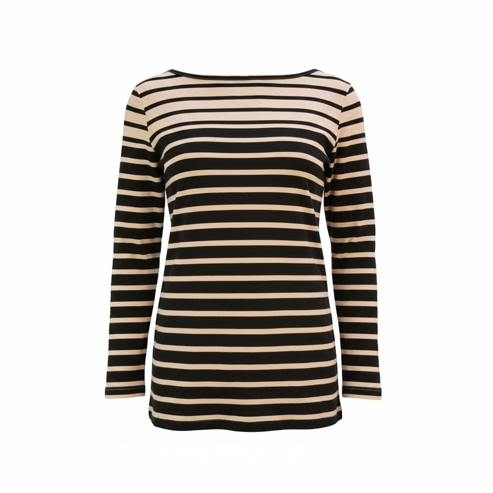 Med J.Crew Artistic T Cotton Pullover Long Sleeve T Black Beige Boat Neck Cotton